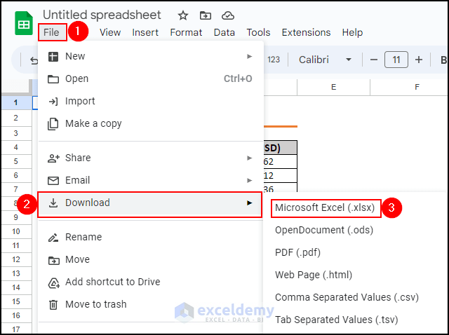17- choosing Microsoft Excel(.xlsx) from download section under File menu