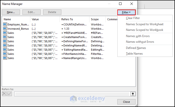 17- clicking on filter option to filter names in name manager
