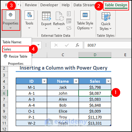 17- naming the created table to insert a column with power query