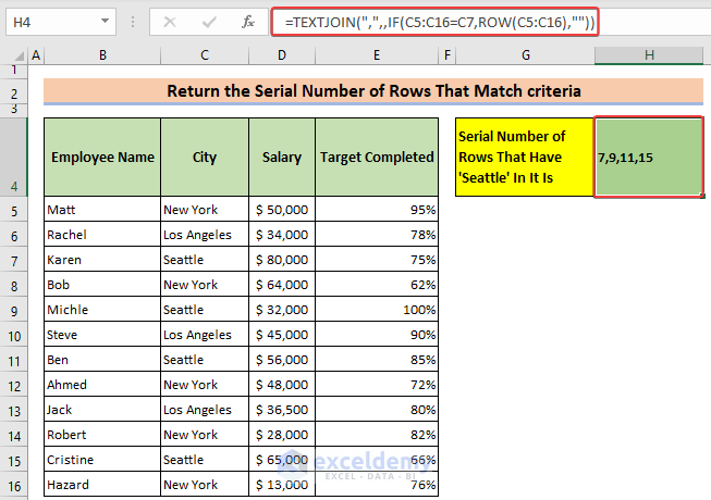Using TEXTJOIN function to return all row numbers that match criteria excel