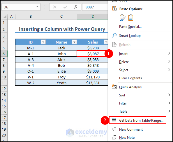 17.5- selecting Get Data from Table or Range option from the context menu to insert column with power query