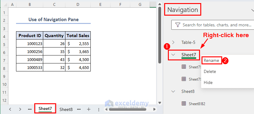 Clicking on rename to Rename sheet from the navigation sidebar