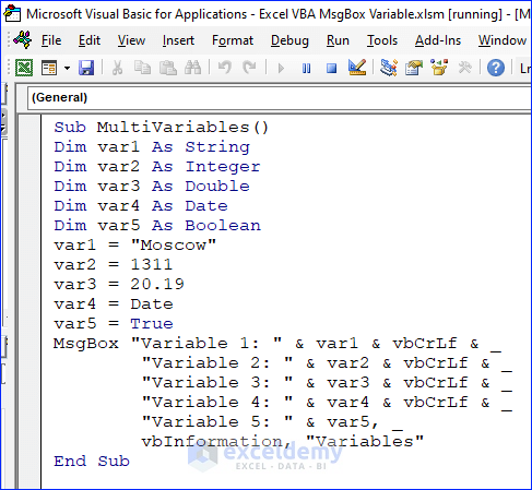 Code to Display Multiple Variable in VBA