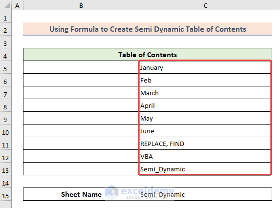 Created table of contents which includes all the sheet names