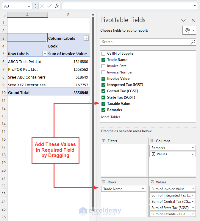 Inserting different values as fields in PivotTable Fileds window