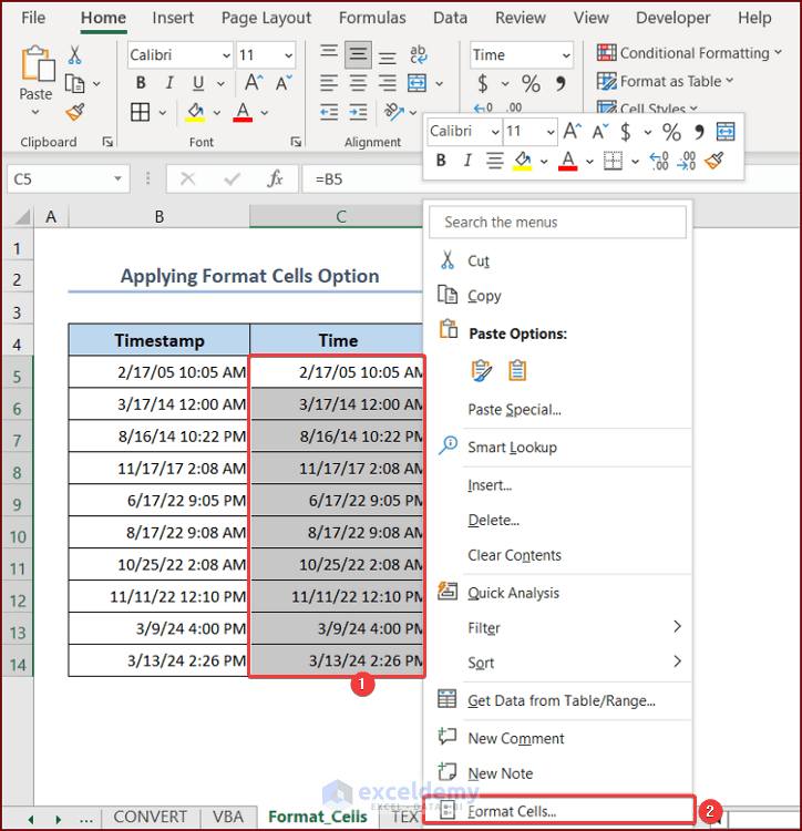 Selecting Format Cells Option from the Context Menu