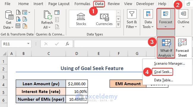 Selecting the Goal Seek from Data tab