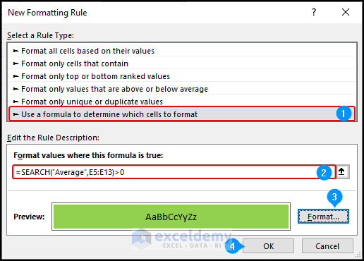 Formatting rules for the text average