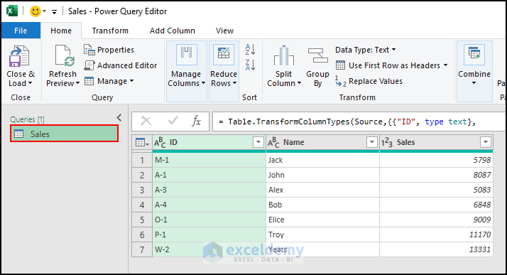 18- showing sales table to insert column with power query