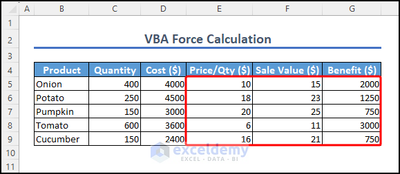 Vba force calculation code implementation result