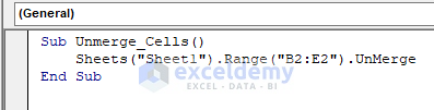 insert code to unmerge cells with Excel VBA Range function