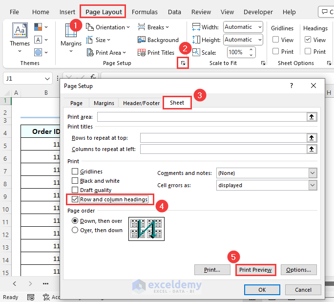 Checking row and column heading from the Excel Page Setup dialog box.