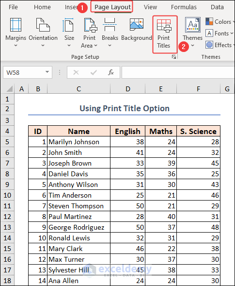 Clicking on Print Titles in Page layout tab