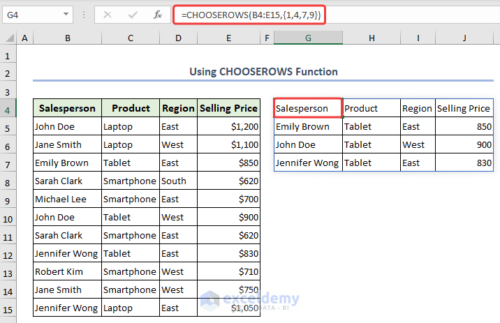 Formula of CHOOSEROWS function to copy non-adjacent rows