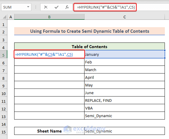 Formula to link table of content cells