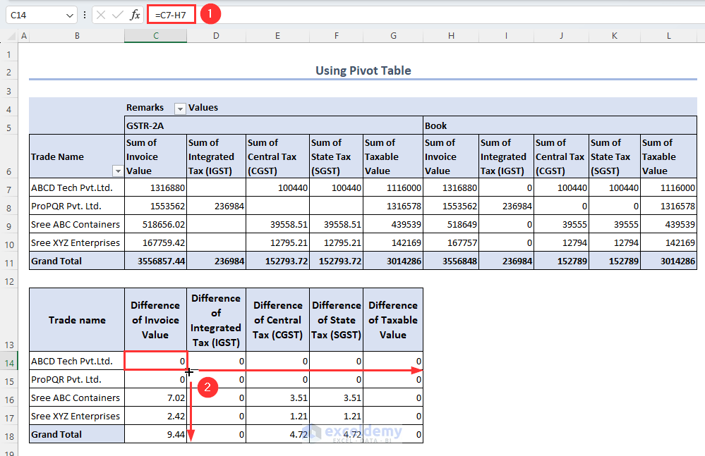 Obtaining the difference of invoice and GST values from the Pivot table to Do GST reconciliation in Excel