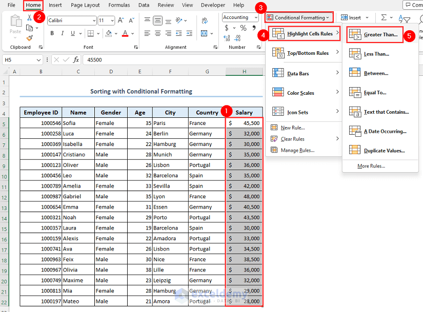 Using conditional formatting feature to sort data in Excel