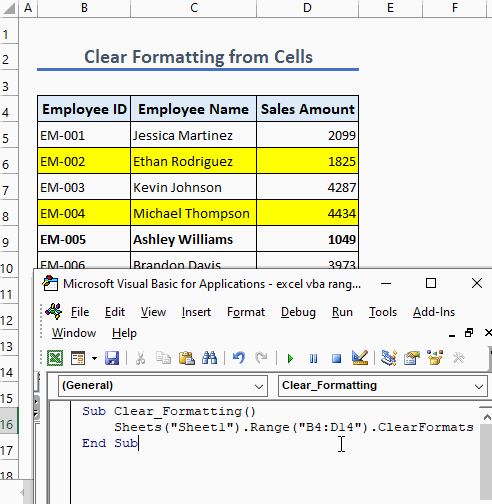 clear formatting from cells