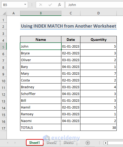 A sample dataset in sheet1 to use Excel index match from another worksheet 