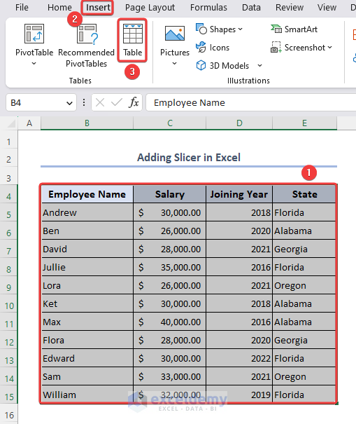Add a table in Excel