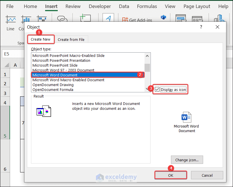 Choose Microsoft Word Document as Object Type