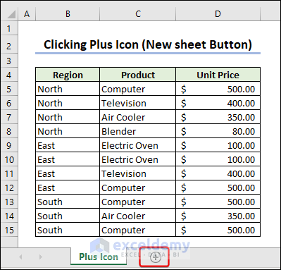 Clicking Plus icon to insert new worksheet in excel