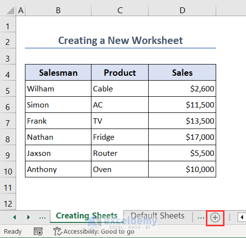 Clicking plus icon to create a new worksheet