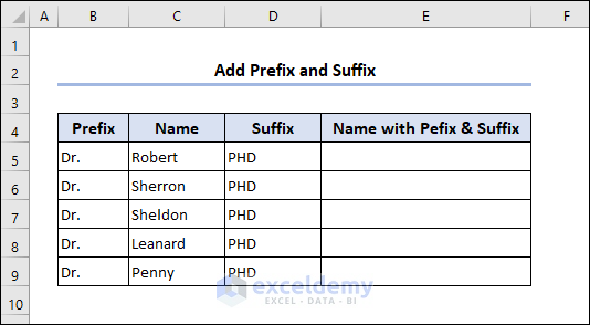 Dataset to add suffix and prefix