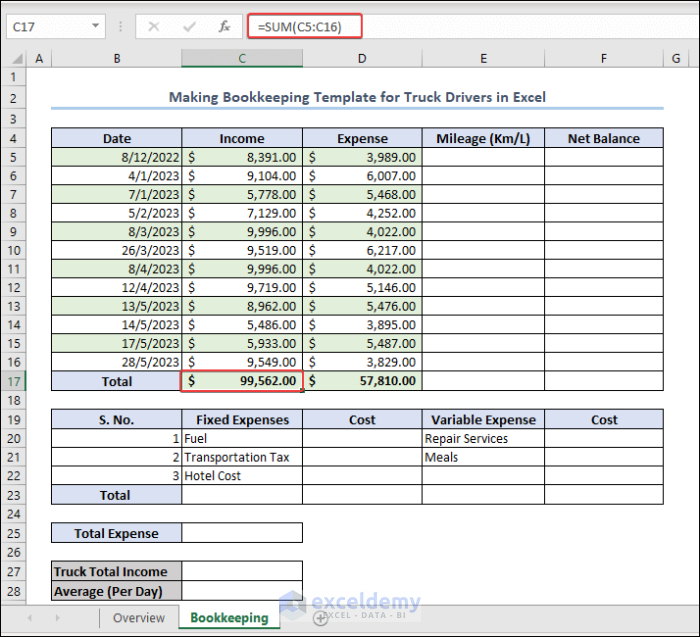 Entering Income and Expense Data and Determining Total Expenses