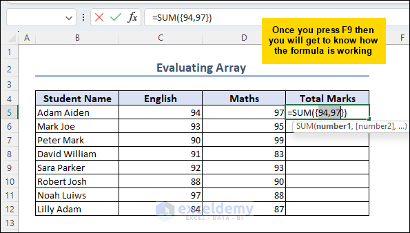 Evaluate the Excel array formula