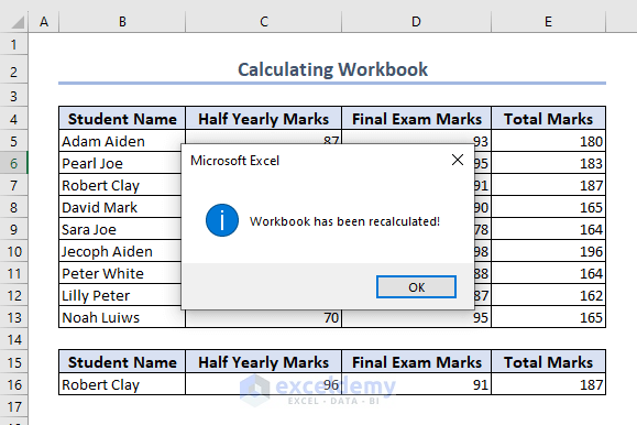 Final output after Excel VBA calculate cell