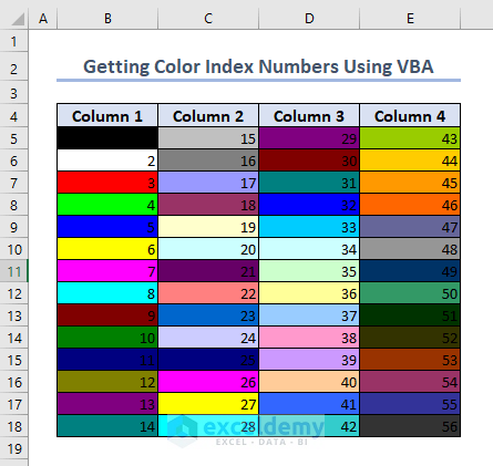 Final output of Excel color index numbers