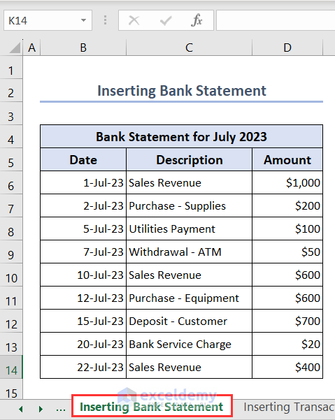 Inserting bank statement to perform three way reconciliation in Excel