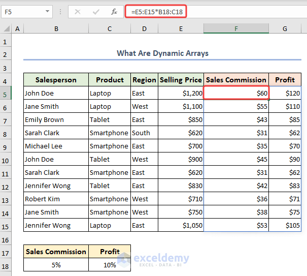 Result with explaining dynamic arrays in Excel