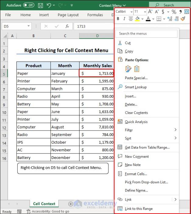 Right-clicking to get cell context menu in Excel