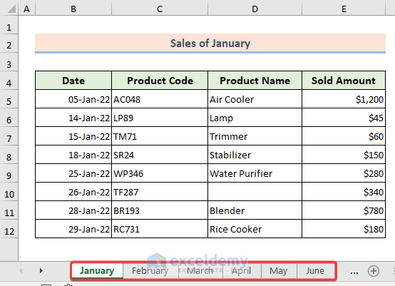 Sample dataset of a dynamic table of contents in Excel