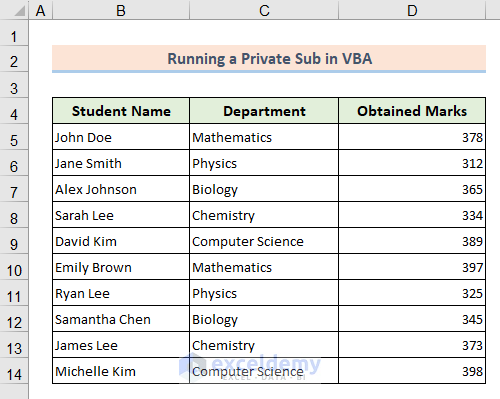 Sample dataset of how to run a private sub in VBA