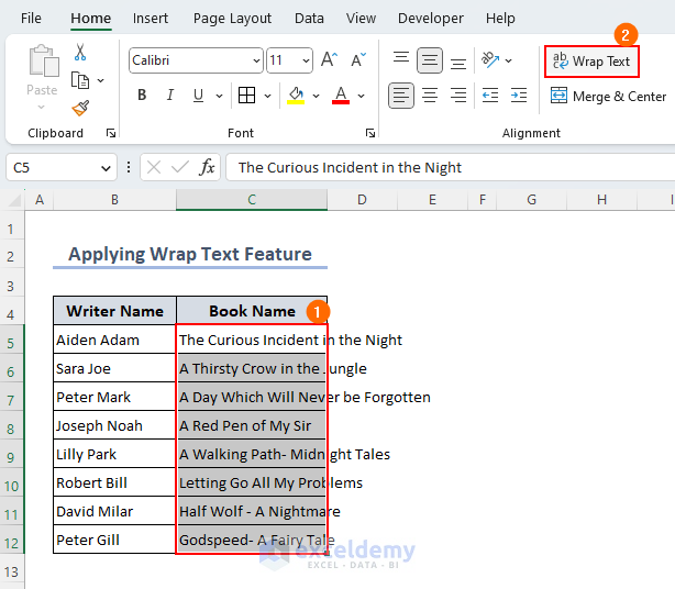 Selecting wrap text from toolbar to fit long text in one cell in excel