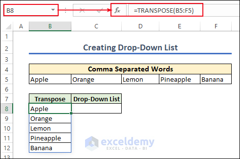 2-Using TRANSPOSE function to transpose row to column