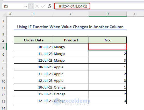 Using the IF function when the value changes in another column.