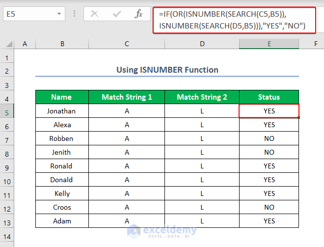 Using the ISNUMBER Function for Partial Match in Excel