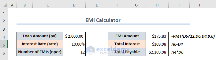 Using the PMT function to make EMI Calculator Excel
