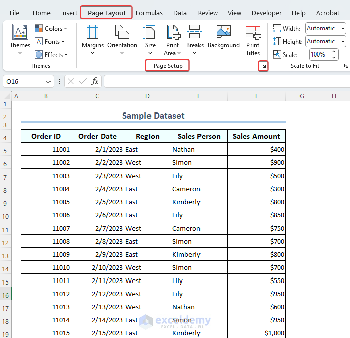 Using the Page Layout tab to use the Excel Page Setup group