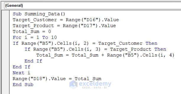VBA Code  for Summing Up Data Using Vba Nested If Then Else in a For Next Loop