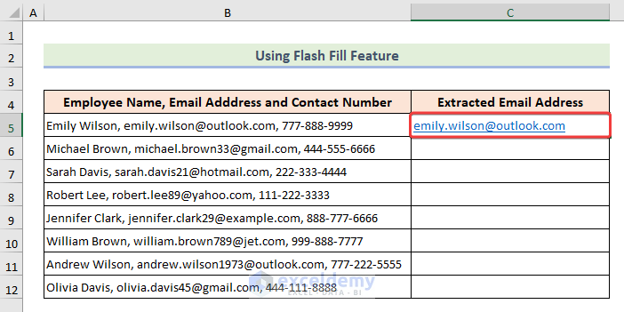 Writing email address manually in a single cell to flash fill