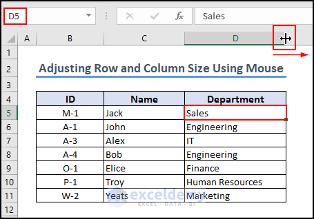 2- adjusting column size using mouse