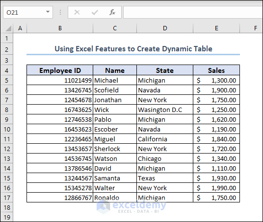 dataset for creating dynamic table in Excel.