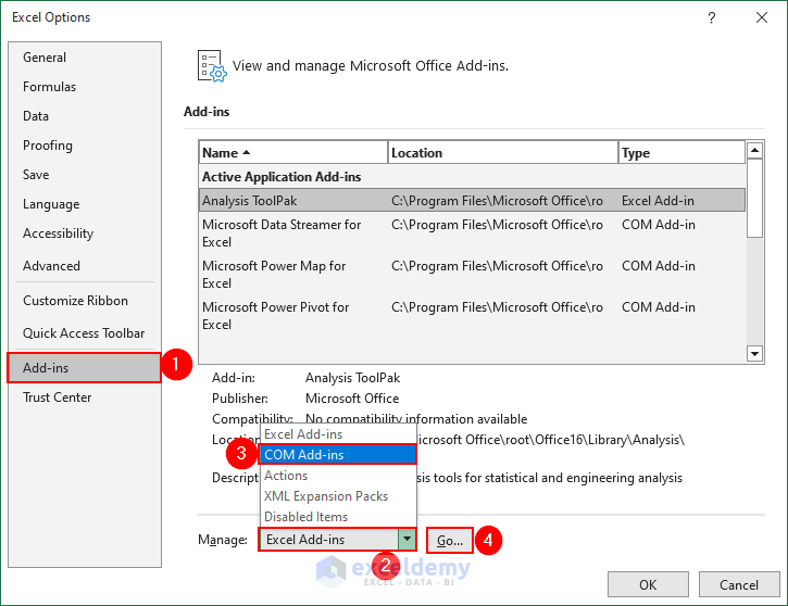 2- selecting COM Add-ins from the Manage drop-down to activate power pivot in Excel