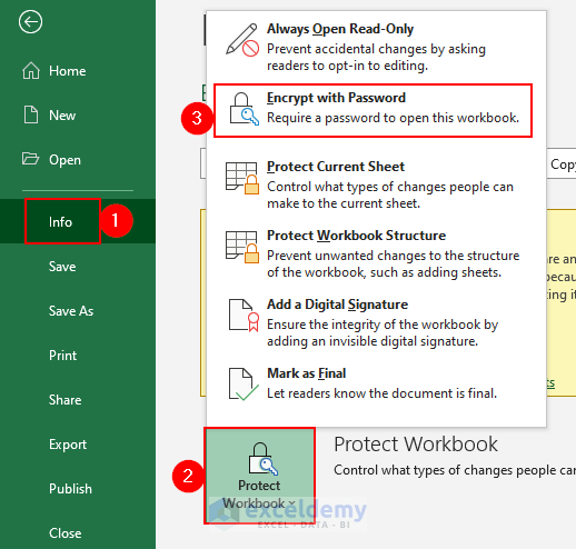 2- selecting Encrypt with Password option from protect workbook section