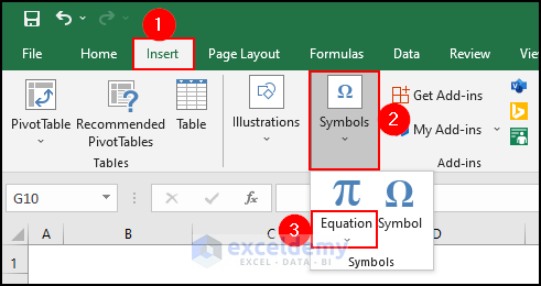 2- selecting equation dropdown from symbols group